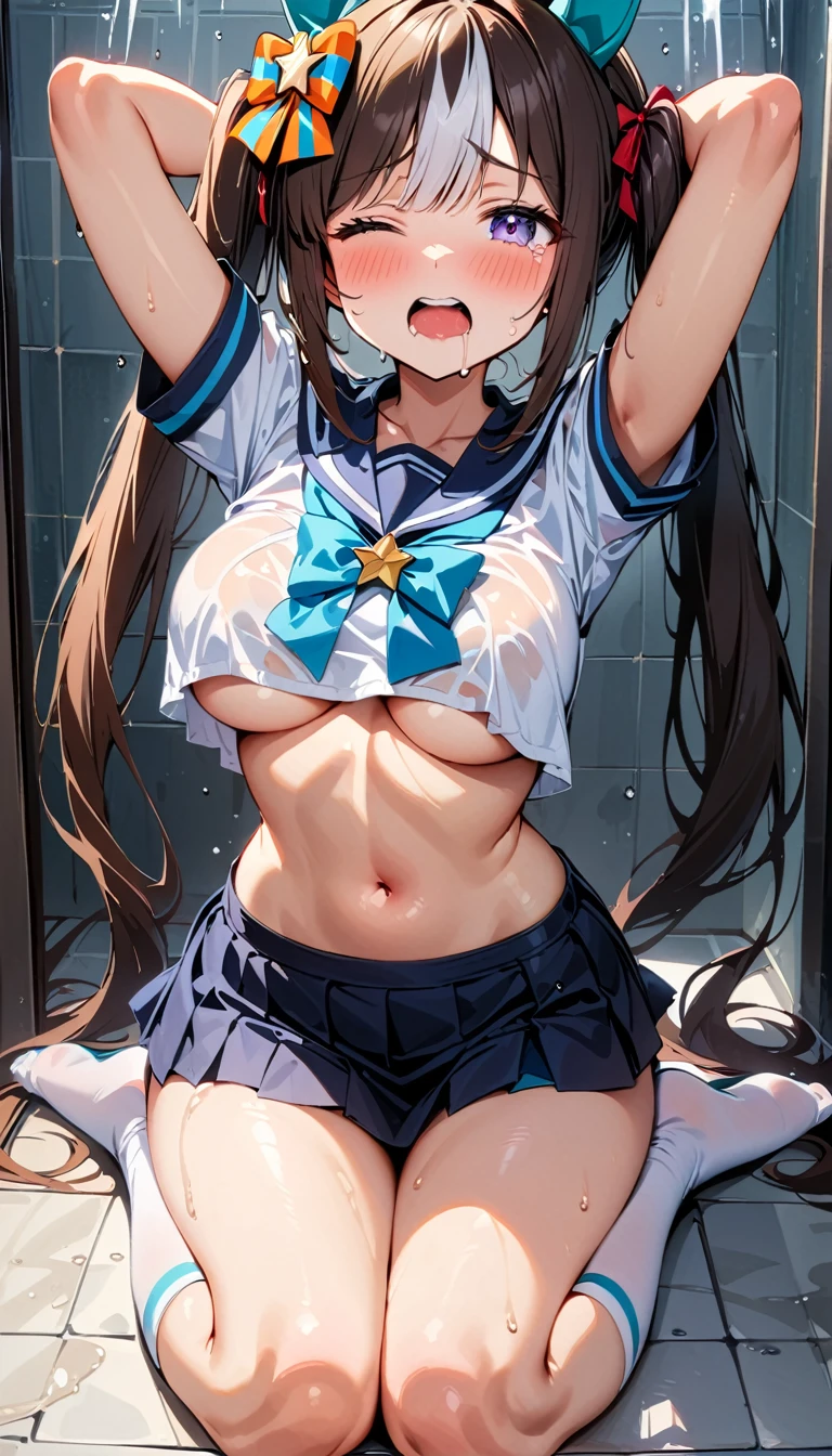 Highest quality, Super detailed, masterpiece, Ultra-high resolution, 8K, Embarrassing, blush, Lovely, Close one eye, With tears in her eyes and her mouth open, drooling, Twin tails, [1girl, hokko tarumae \(umamusume\), umamusume], arms behind head, wariza, (off-shoulder sailor uniform, micro mini skirt), under boob, crop top navel, medium breasts, Absolute area, Waistline, Shower room