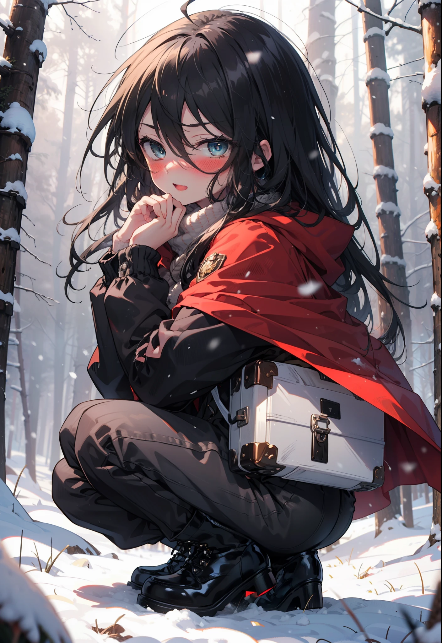 Shana,灼眼のShana,Long Hair, Redhead, Red eyes,Ahoge,,smile,blush,White Breath,
Open your mouth,snow,Ground bonfire, Outdoor, boots, snowing, From the side, wood, suitcase, Cape, Blurred, , forest, White handbag, nature, Squat, Mouth closed, Cape, winter, Written boundary depth, Black shoes, red Cape break looking at viewer, Upper Body, whole body, break Outdoor, forest, nature, break (masterpiece:1.2), Highest quality, High resolution, unity 8k wallpaper, (shape:0.8), (Beautiful and beautiful eyes:1.6), Highly detailed face, Perfect lighting, Highly detailed CG, (Perfect hands, Perfect Anatomy),