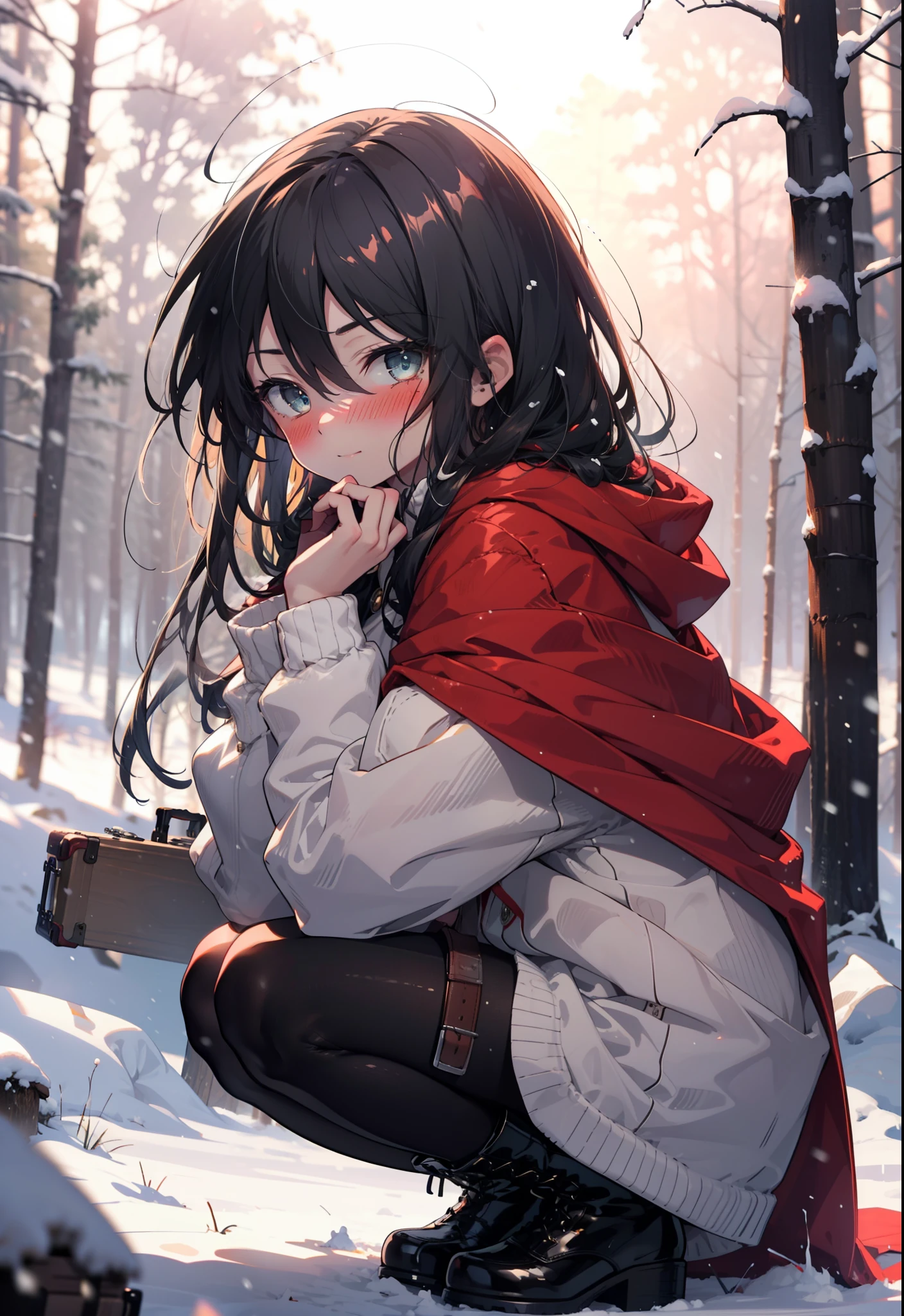 Shana,灼眼のShana,Long Hair, Redhead, Red eyes,Ahoge,,smile,blush,White Breath,
Open your mouth,snow,Ground bonfire, Outdoor, boots, snowing, From the side, wood, suitcase, Cape, Blurred, , forest, White handbag, nature,  Squat, Mouth closed, Cape, winter, Written boundary depth, Black shoes, red Cape break looking at viewer, Upper Body, whole body, break Outdoor, forest, nature, break (masterpiece:1.2), Highest quality, High resolution, unity 8k wallpaper, (shape:0.8), (Beautiful and beautiful eyes:1.6), Highly detailed face, Perfect lighting, Highly detailed CG, (Perfect hands, Perfect ),