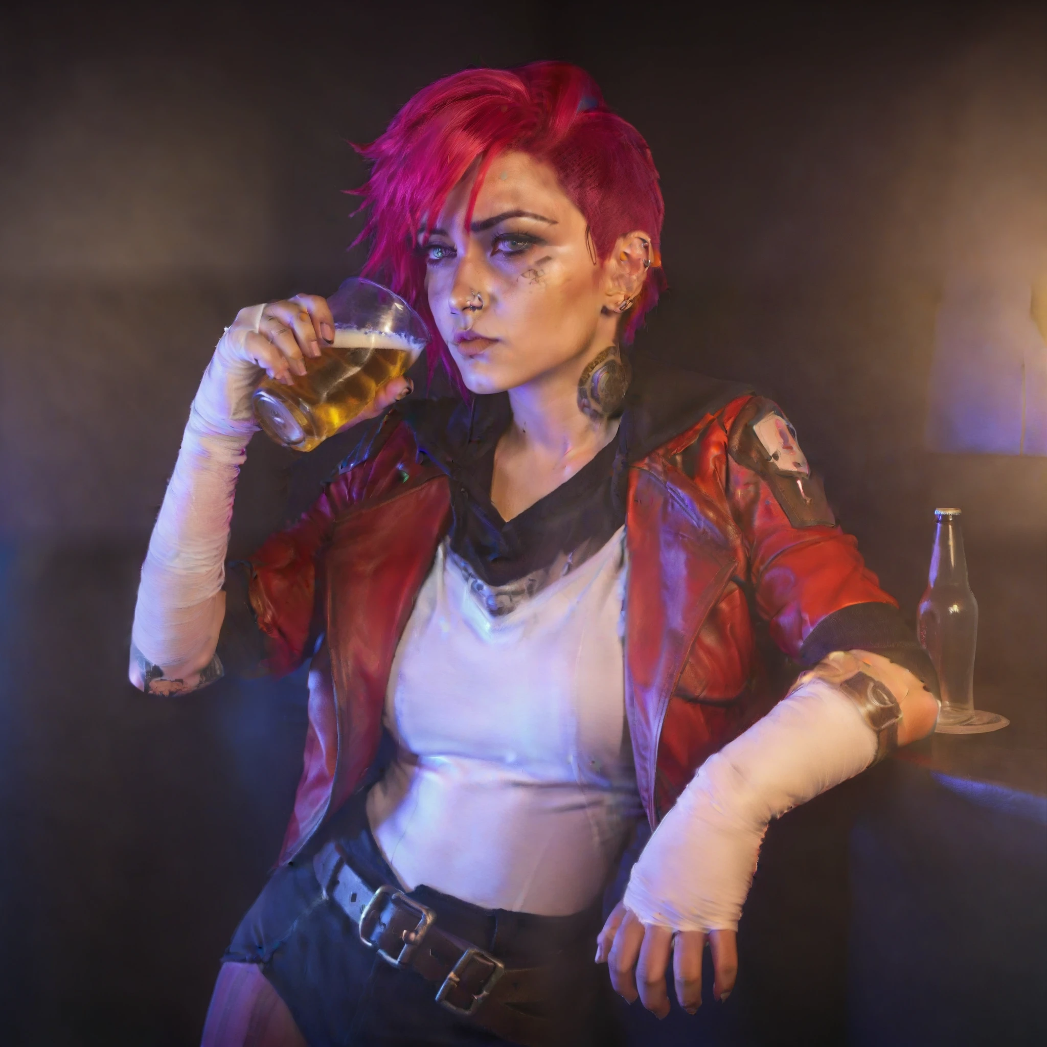 a woman with pink hair, ((((text ''VI''))), nose ring, red leather jacket, drinking a beer in a pub, cyberpunk background