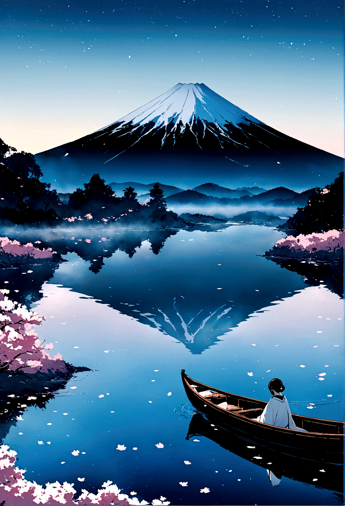 A serene Japanese landscape unfolds: a majestic Mount Fuji rises in the background, its snow-capped peak shrouded in mist. Before it, a tranquil lake reflects the beauty of nature, with delicate cherry blossoms floating on its surface. A lone rowboat glides effortlessly across the water, as if carried by the gentle breeze.