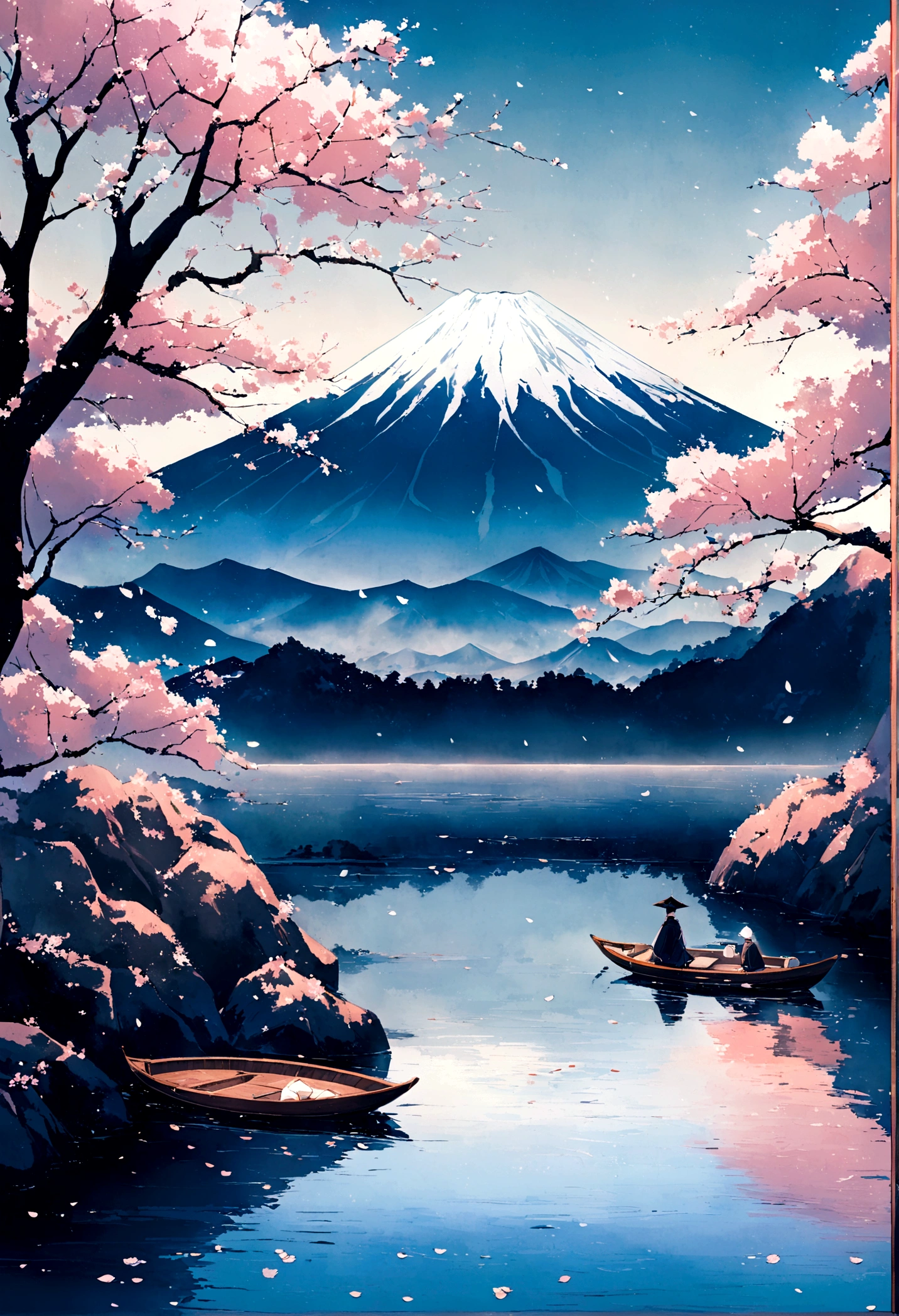 A serene Japanese landscape unfolds: a majestic Mount Fuji rises in the background, its snow-capped peak shrouded in mist. Before it, a tranquil lake reflects the beauty of nature, with delicate cherry blossoms floating on its surface. A lone rowboat glides effortlessly across the water, as if carried by the gentle breeze.