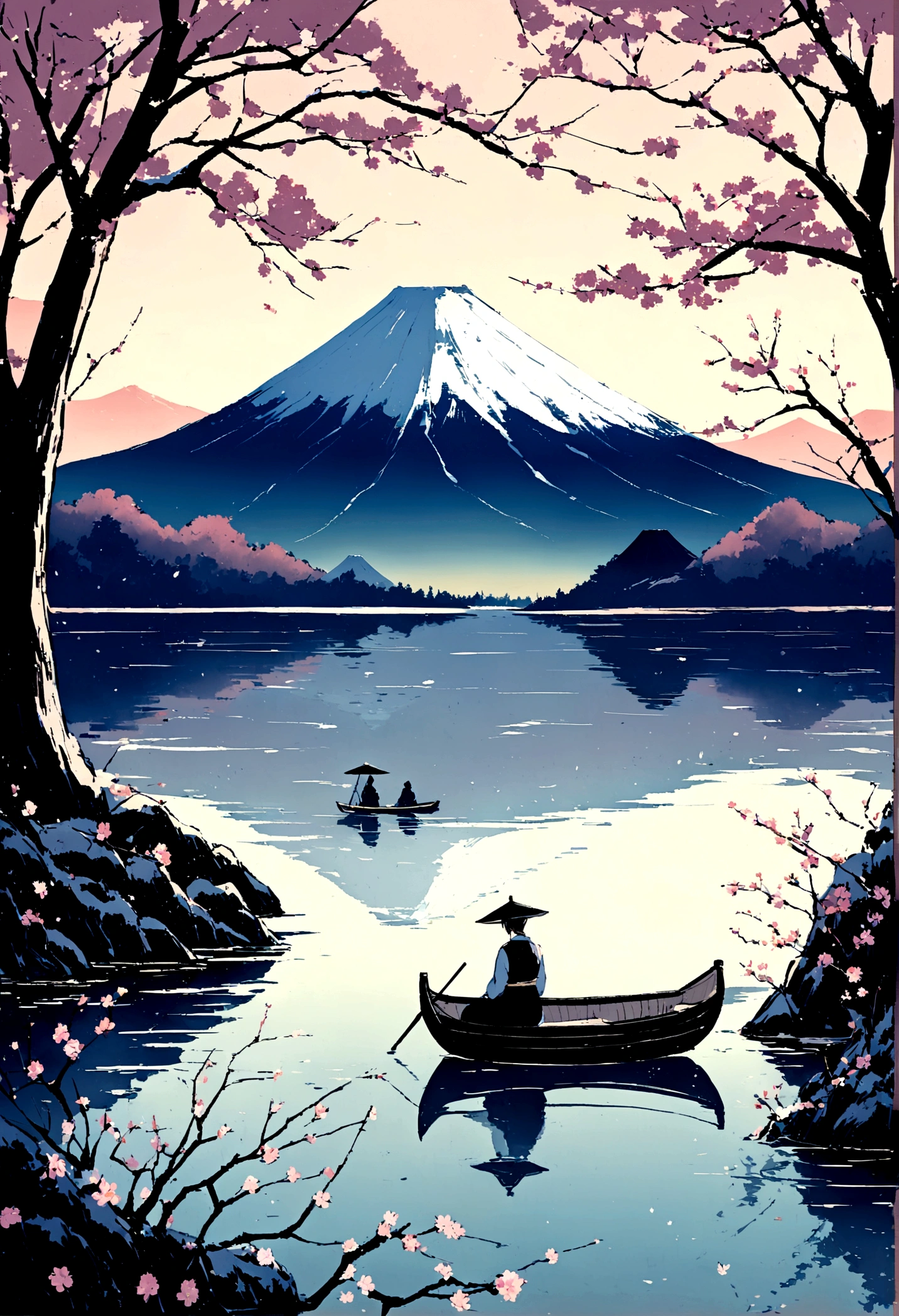 A serene Japanese landscape unfolds: a majestic Mount Fuji rises in the background, its snow-capped peak shrouded in mist. Before it, a tranquil lake reflects the beauty of nature, with delicate cherry blossoms floating on its surface. A lone rowboat glides effortlessly across the water, as if carried by the gentle breeze.