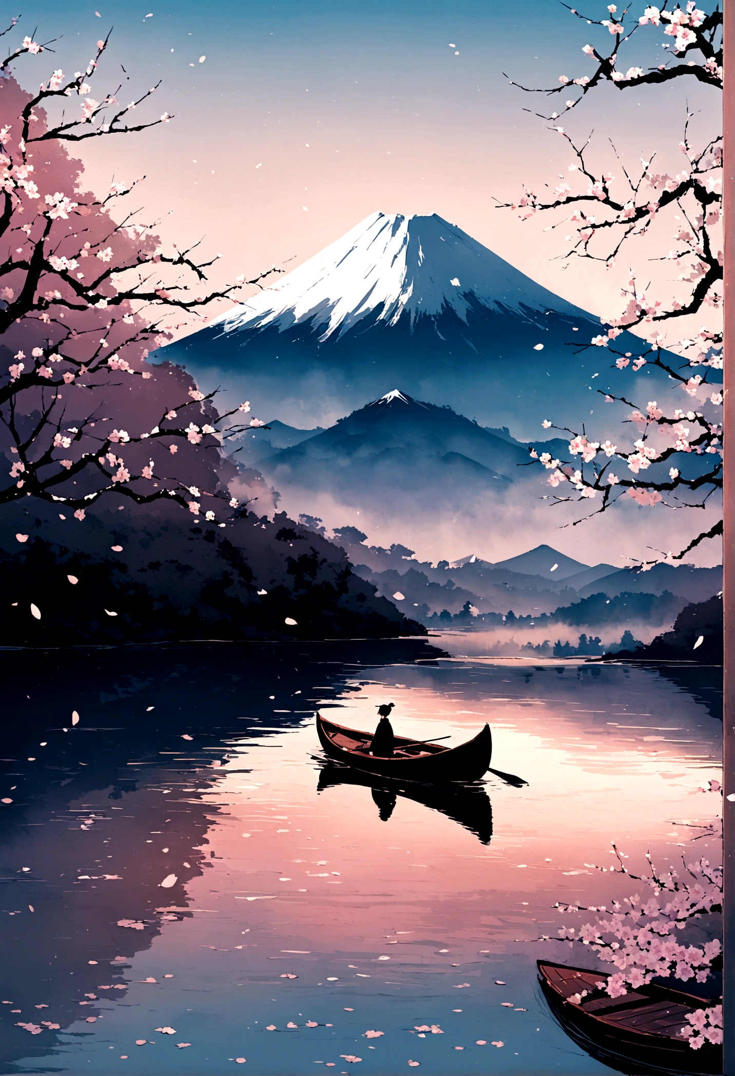 A serene Japanese landscape unfolds: a majestic Mount Fuji rises in the background, its snow-capped peak shrouded in mist. Before it, a tranquil lake reflects the beauty of nature, with delicate cherry blossoms floating on its surface. A lone rowboat glides effortlessly across the water, as if carried by the gentle breeze.