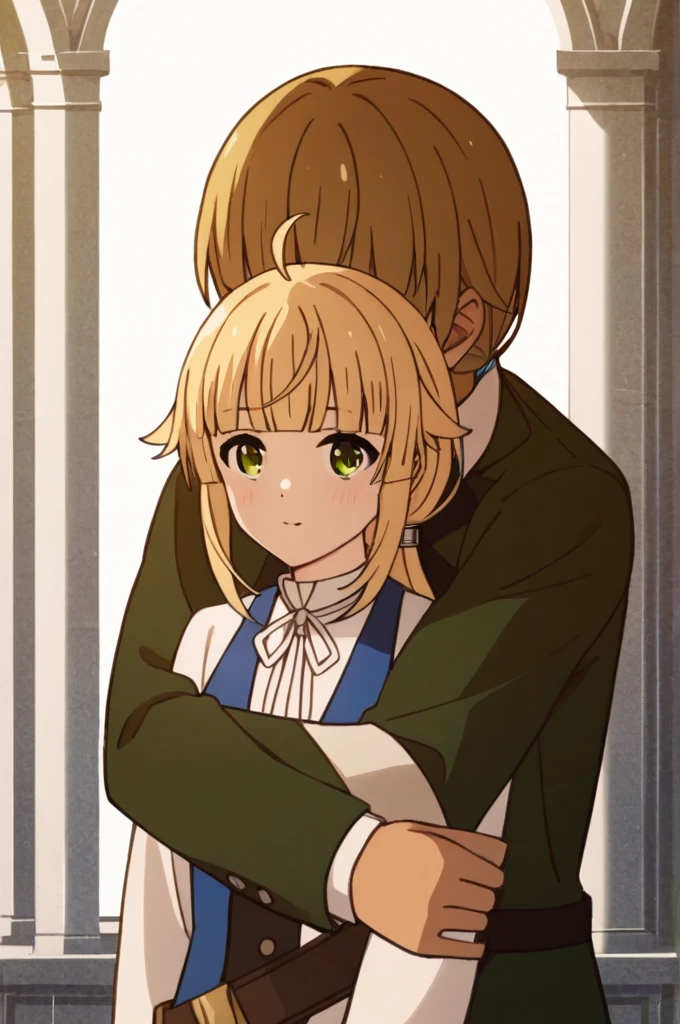 ((((1  Old Man、That guy is muscle、The man is standing behind the girl、The uncle has dark skin、The old man is 、The man is 30cm taller than the girl.、))))、(((((The man is hugging the girl  and pampering her.))))),Blue clothes, White ribbon, White sleeves, Long sleeve, White shirt, Black Shirt,Norn_Greyrat,bangs, Blonde Hair,Long Hair,Yellow-green eyes,Ahoge,Side Lock,blunt bangs hair flaps,Low Ponytail, score_9, score_8_superior, score_7_superior, score_6_superior, score_5_superior, score_4_superior, break,1 growing girl, 最high quality, masterpiece, Super detailed, high quality,good quality,1 girl,(masterpiece,High resolution, Super detailed,8K,16K),View the viewer