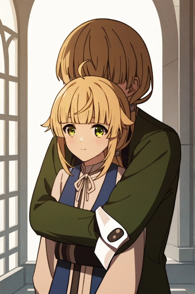 ((((1  Old Man、That guy is muscle、The man is standing behind the girl、The uncle has dark skin、The old man is 、The man is 30cm taller than the girl.、))))、(((((The man is hugging the girl  and pampering her.))))),Blue clothes, White ribbon, White sleeves, Long sleeve, White shirt, Black Shirt,Norn_Greyrat,bangs, Blonde Hair,Long Hair,Yellow-green eyes,Ahoge,Side Lock,blunt bangs hair flaps,Low Ponytail, score_9, score_8_superior, score_7_superior, score_6_superior, score_5_superior, score_4_superior, break,1 growing girl, 最high quality, masterpiece, Super detailed, high quality,good quality,1 girl,(masterpiece,High resolution, Super detailed,8K,16K),View the viewer