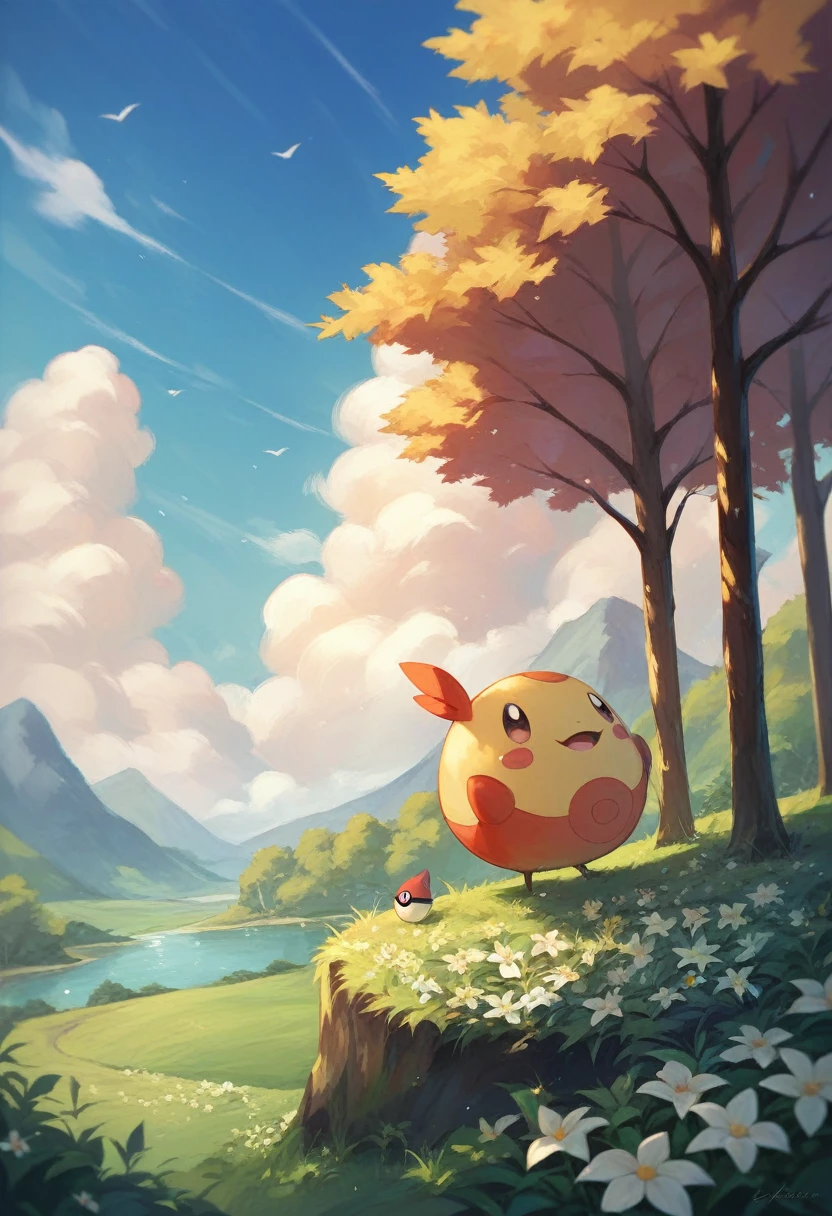 no humans, flower, cloud, sky, outdoors, day, pokemon (creature), blue sky, white flower, tree, leaf, kawaii painting