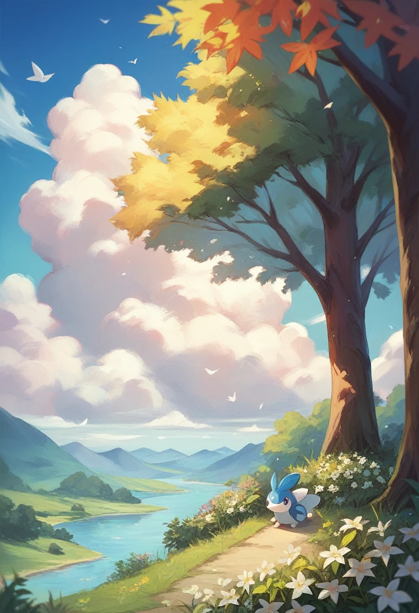 no humans, flower, cloud, sky, outdoors, day, pokemon (creature), blue sky, white flower, tree, leaf, kawaii painting 