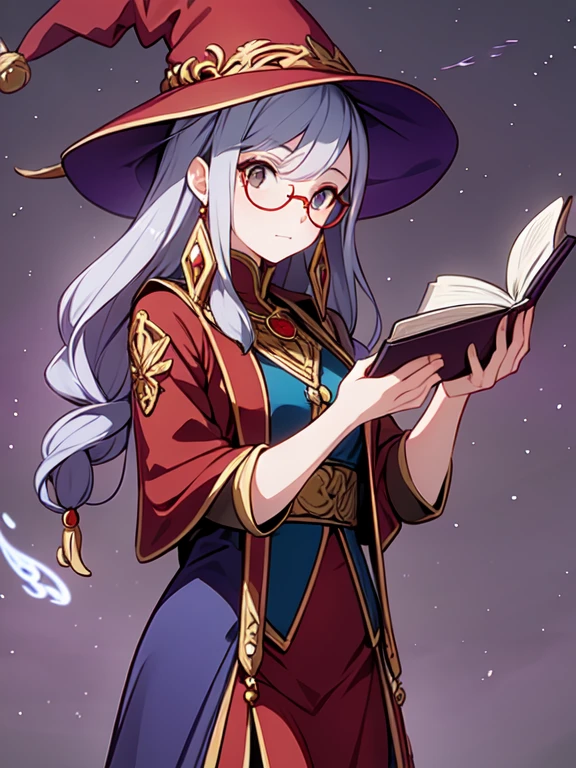 Woman in red hat and glasses holding a book,silver hair,she wears Harry Potter glasses, Maya Ali as D&D sorceress, holding a book of spells, Dressed as a witch, D&D magician, wearing a red wizard hat.