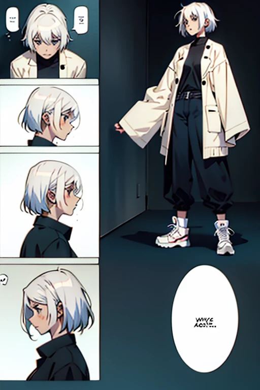 Girl with short white hair small and really skinny, throwing up, manga page with panels and dialogue