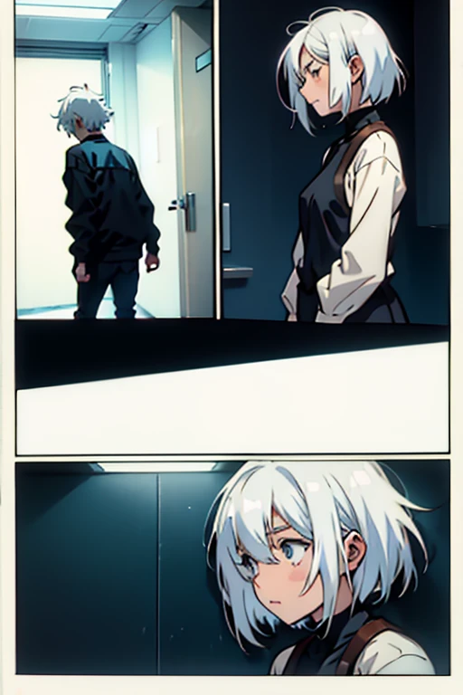Girl with short white hair small and really skinny, throwing up, manga page with panels and dialogue
