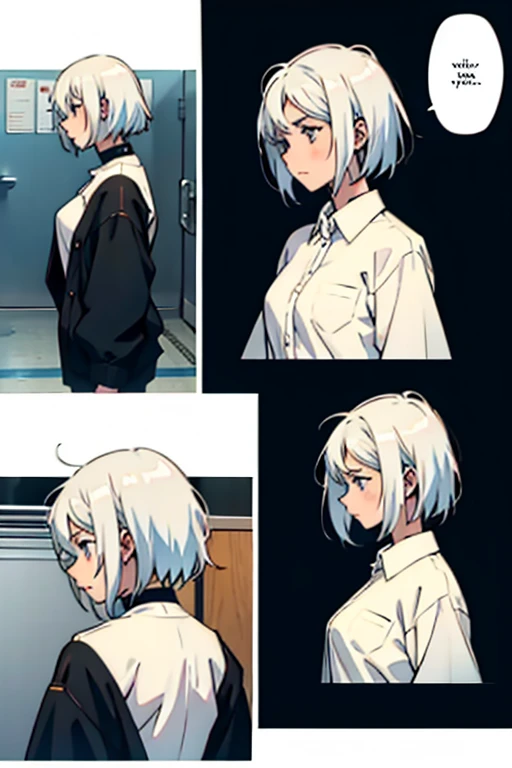 Girl with short white hair small and really skinny, throwing up, manga page with panels and dialogue