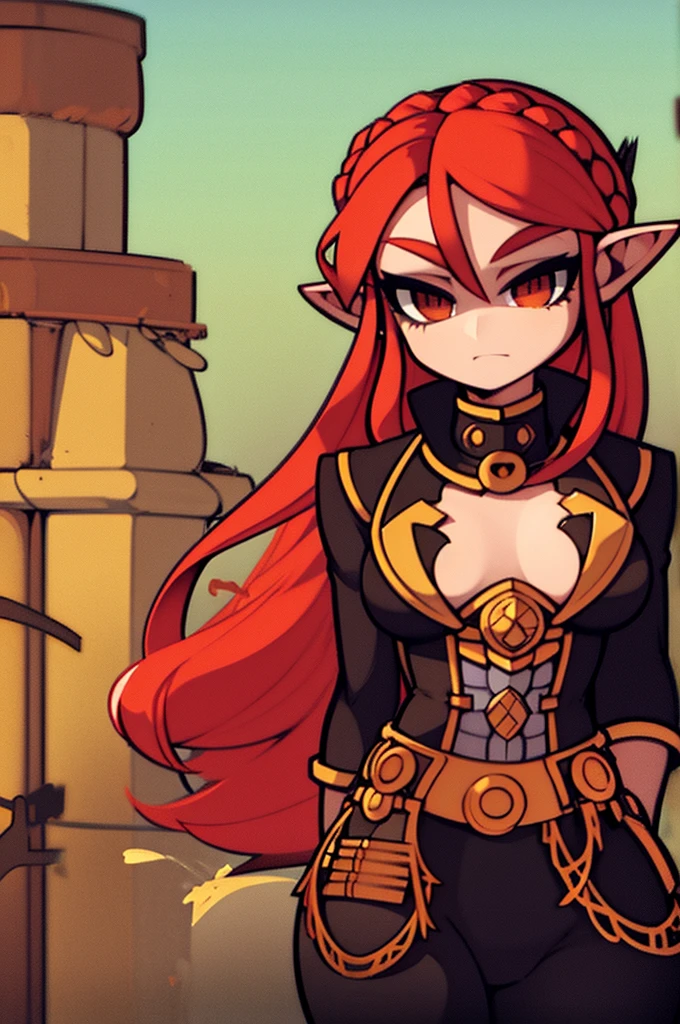 goblin enginner, red hair, golden eyes, green skin, full body art
