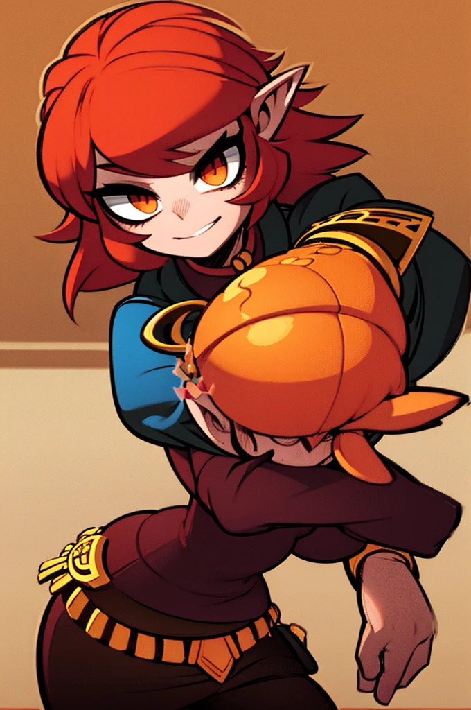 goblin enginner, red hair, golden eyes, green skin, full body art