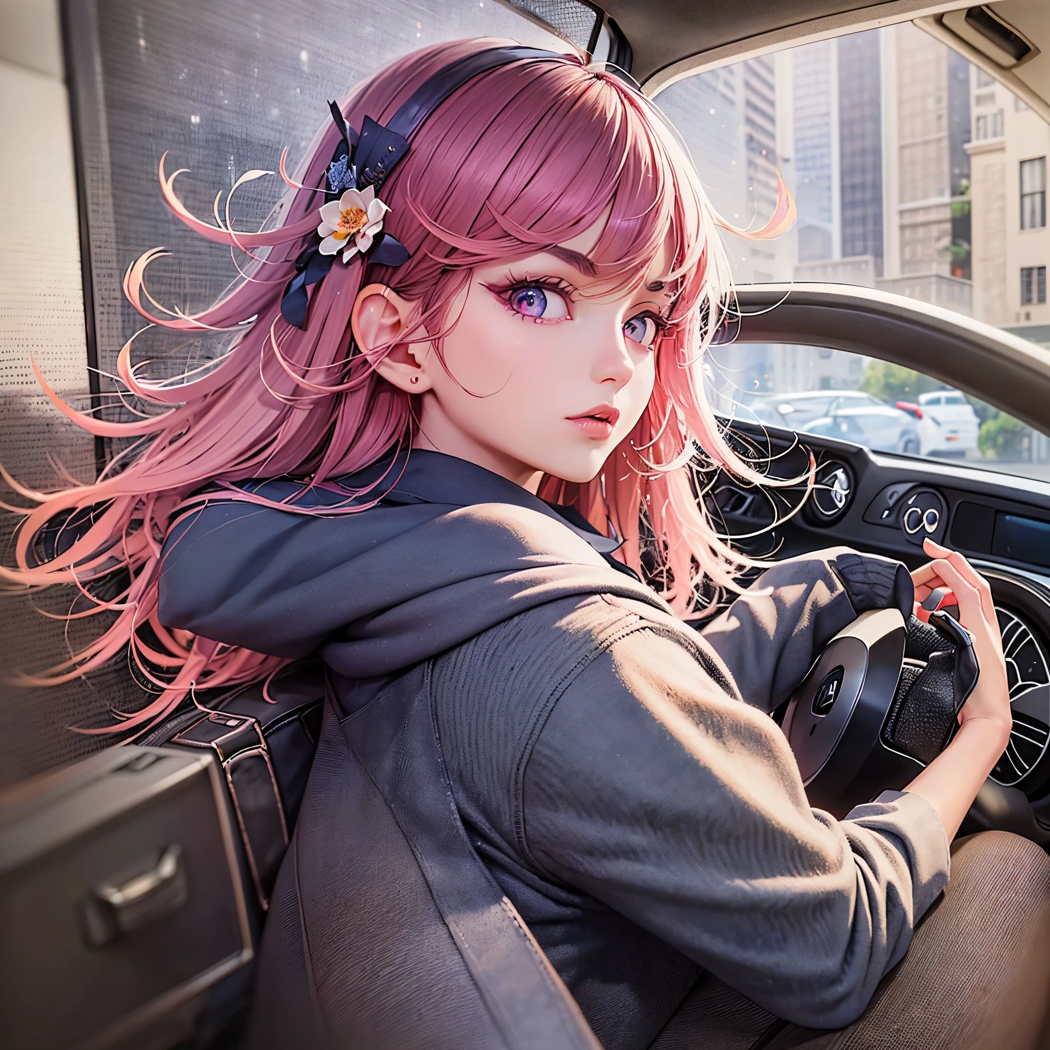 car 1girl, 2d, masterpiece, best quality, anime, highly detailed face, highly detailed background, perfect lighting, pink hair (starry eyes) (hands on the steering wheel)