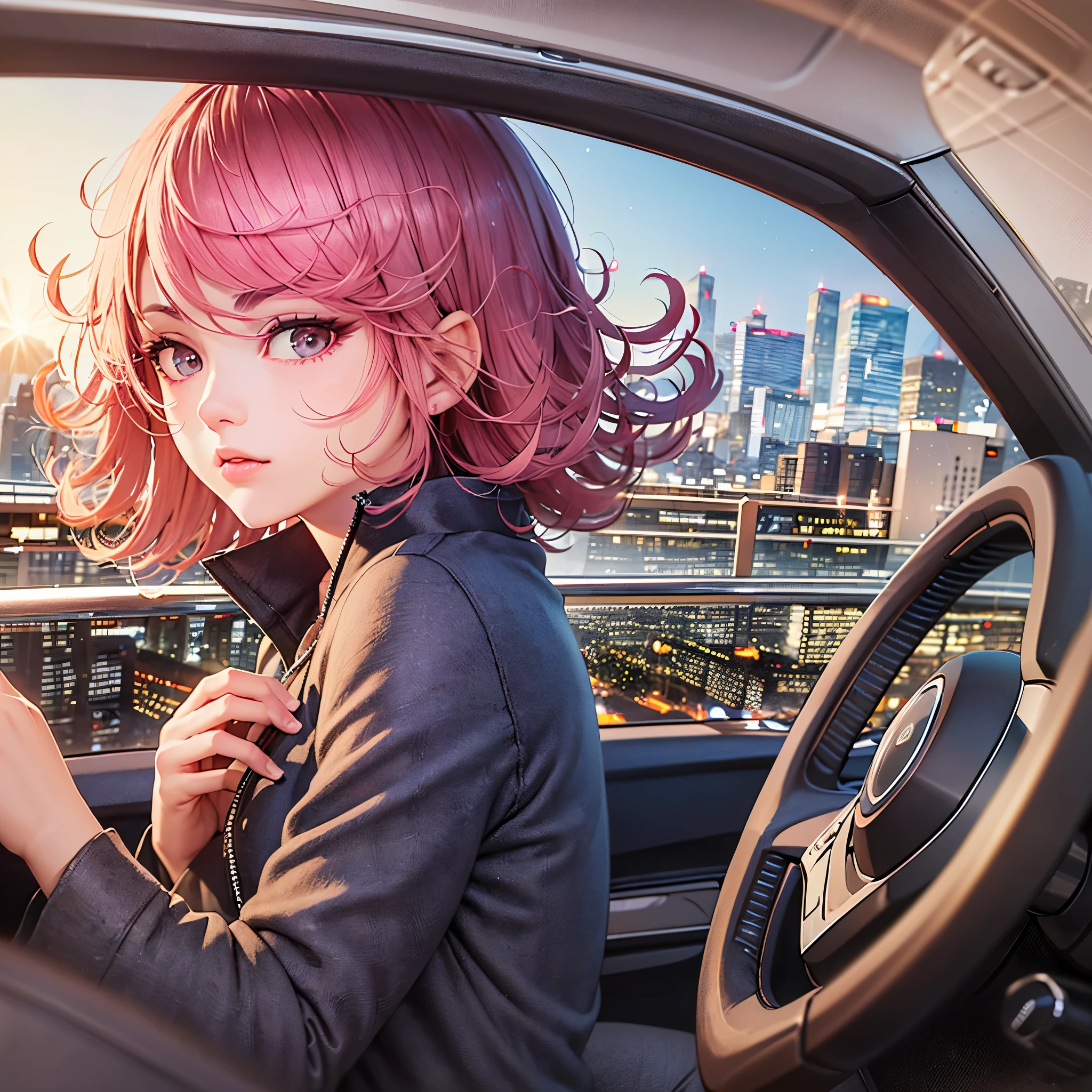 car 1girl, 2d, masterpiece, best quality, anime, highly detailed face, highly detailed background, perfect lighting, pink hair (starry eyes) (hands on the steering wheel)