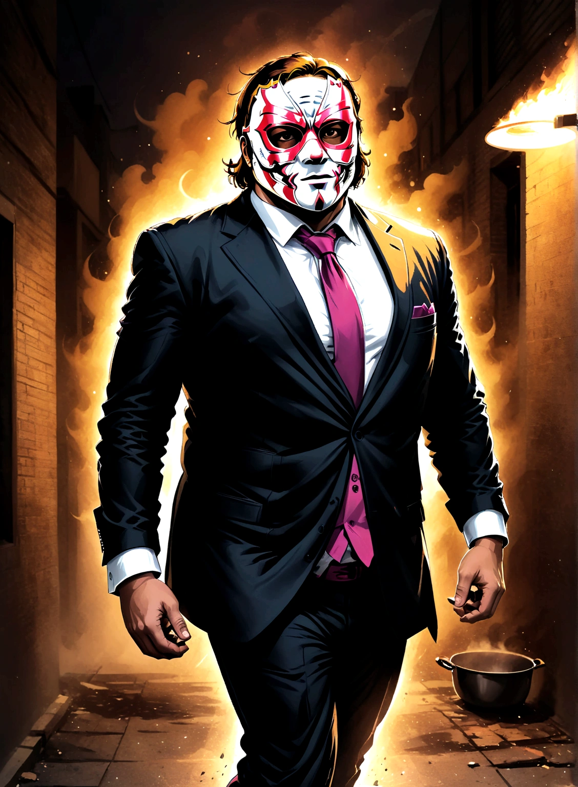 Minimalistic comic artwork of a large man in a business suit, wearing a wrestling mask, cooking in a dark alley, looking back at the camera, crosshatching, 2D, Sharp, Detailed, HD, HDR, High Quality, High Resolution, Masterpiece, single panel