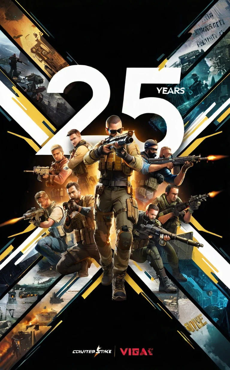 Prompt: Create a celebratory poster for the 25th anniversary of the Counter-Strike franchise, a game created by Valve that has significantly impacted the history of first-person shooters (FPS). The poster should have a dynamic and visually striking design, highlighting iconic elements from the game series.

Style and Details:

	•	Central focus on a group of classic Counter-Strike characters in dynamic action poses, including counter-terrorists and terrorists.
	•	Background featuring a montage of iconic maps and locations from various iterations of the game, such as Dust II, Nuke, and Inferno.
	•	Use of bold and vibrant colors, including the signature Counter-Strike palette of greens, yellows, and blacks.
	•	Incorporate the Counter-Strike logo prominently, along with the Valve logo, emphasizing the game’s developer.
	•	Include a large “25 Years” text in a modern, sleek font to mark the anniversary.
	•	Elements of explosions, bullet casings, and tactical gear to add intensity and excitement to the composition.
	•	High-quality, ultra-detailed rendering with a mix of realism and stylized graphics that reflect the evolution of the game’s visuals over the years.
	•	Include the tagline “Celebrating 25 Years of Tactical Excellence” at the bottom of the poster.

Additional Elements:

	•	Subtle references to key moments and achievements in the game’s history.
	•	Incorporate dynamic lighting and shadow effects to create depth and drama.
	•	The overall style should evoke a sense of nostalgia while also looking forward to the future of the franchise.

Example Layout:

	•	Central characters in action at the forefront.
	•	Background montage of maps and locations.
	•	Prominent “25 Years” text and logos.
	•	Tagline at the bottom.
	•	Explosions, bullet casings, and tactical gear elements throughout.