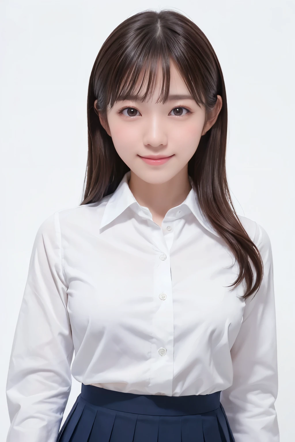 (Highest quality、Tabletop、8K、Best image quality、Award-winning works)、Beautiful school girl、(White polyester collared shirt:1.2)、(Navy Pleated Skirt:1.2)、Female portrait photography、Glowing Skin、Brown Hair、Standing Elegantly、(The simplest pure white background:1.2)、(Large Breasts:1.2)、(Accentuate your body lines:1.1)、(Face close-up:1.1)