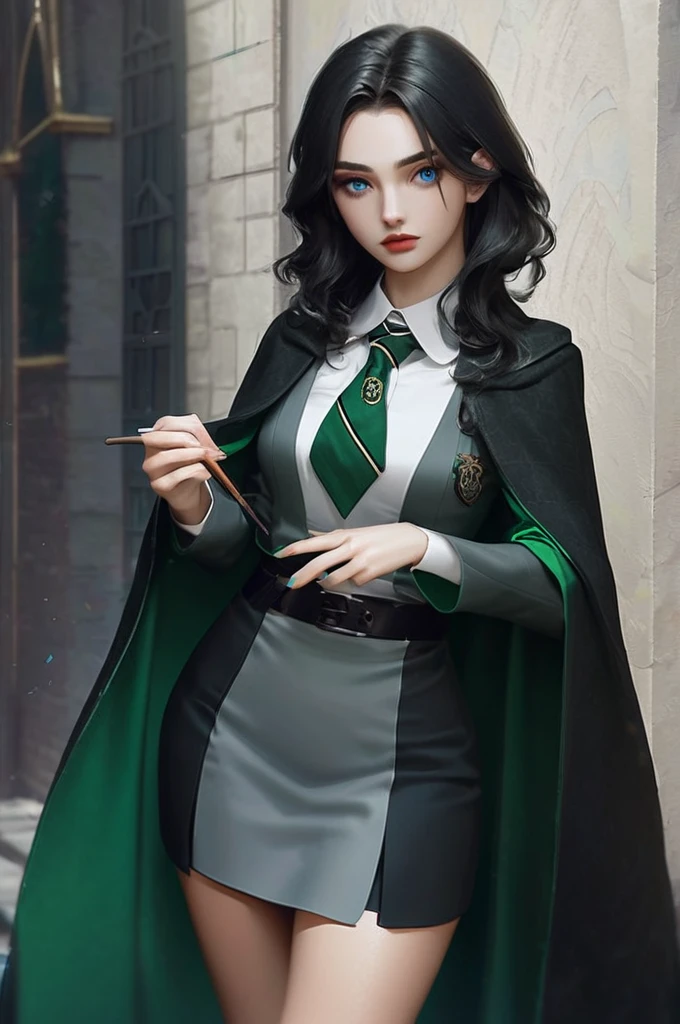 ((Лучшее качество)), ((шедевр)), (подробный), young girl, British, black hair, blue eyes, small breasts, wide hips, slytherin , realism style