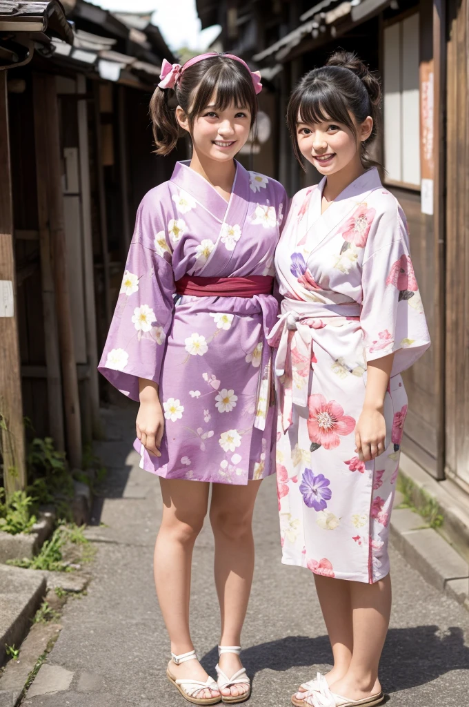 2 girls standing in old-Japanese street,floral pink yukata with violet obi,18-year-old,bangs,a little smile,thighs,knees,short hair and low pigtails with red ribbon bow,from before,front light