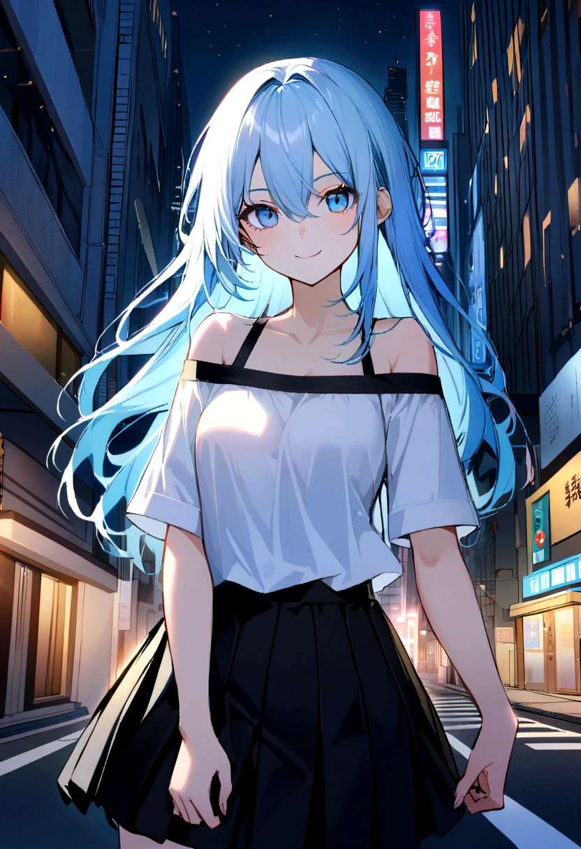 1 girl, black_skirt, light blue_hair, building, city, cityscape, hair_between_eyes, shirtแจ็กเกต, look_at_viewer, moderate_hair, Assorted colors_hair, Many items_boy, nighttime, turn off_shoulder, outdoor, pleated_skirt, road, shirt, skirt, skyscraper, smile, alone_Point of interest, road, white_shirt