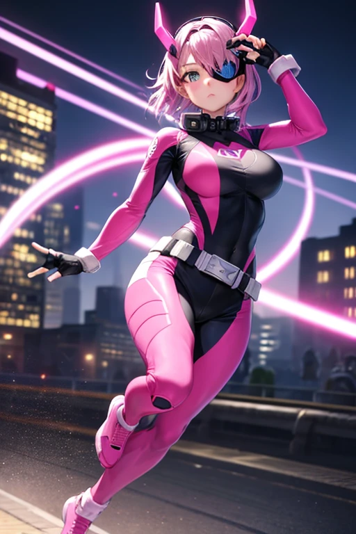 ((best quality)), ((masterpiece)), (detailed), 1 girl, full body, 20s, masked, black mask covering her entire head, smooth head, biker helmet with blue headphones on the sides, flashlight on her forehead, short pink hair coming out of her helmet, 1 small crest on her head, oxygen mask, gas mask, bare face, black collar, tall, thin, athletic, circles on her wrists, pink details, black fingerless gloves, pink wristbands, nanotech speedster suit that resembles light armor, blue chest with an emblem, blue chest, black suit, pink lines, pink speed emblem on her chest, pink emblem, blue pants, gray knee pads, metallic pink boots, white superhero belt, running through the city, pink light trail, laser, city background, anime