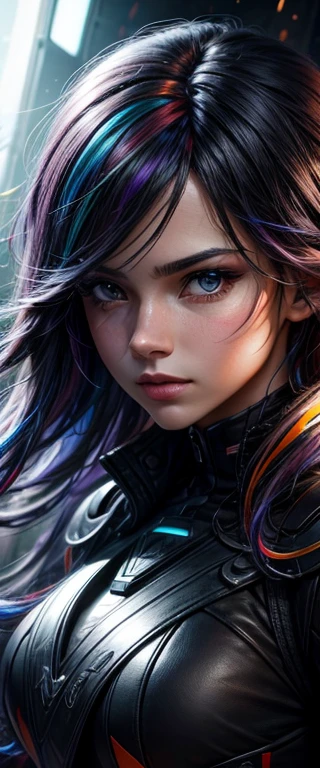 {{masterpiece}}, best quality, extremely detailed CG unity 8k wallpaper, cinematic lighting, lens flare, beautiful detail eyes, black, side glance, multicolor hair, colorful light, particles, heterochromia, (colorful:1.5), (colorful hair:1.5),