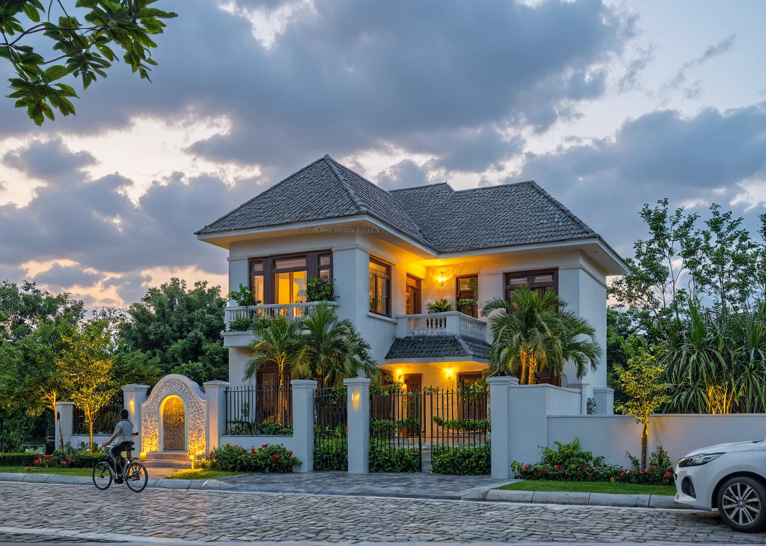 Masterpiece, high quality, best quality, authentic, super detail, outdoors, aiaigroup, house style modern , white wall , pavement, grass, trees, dusk sky, cloud, (daylight:1.1), mái ngói màu xám,