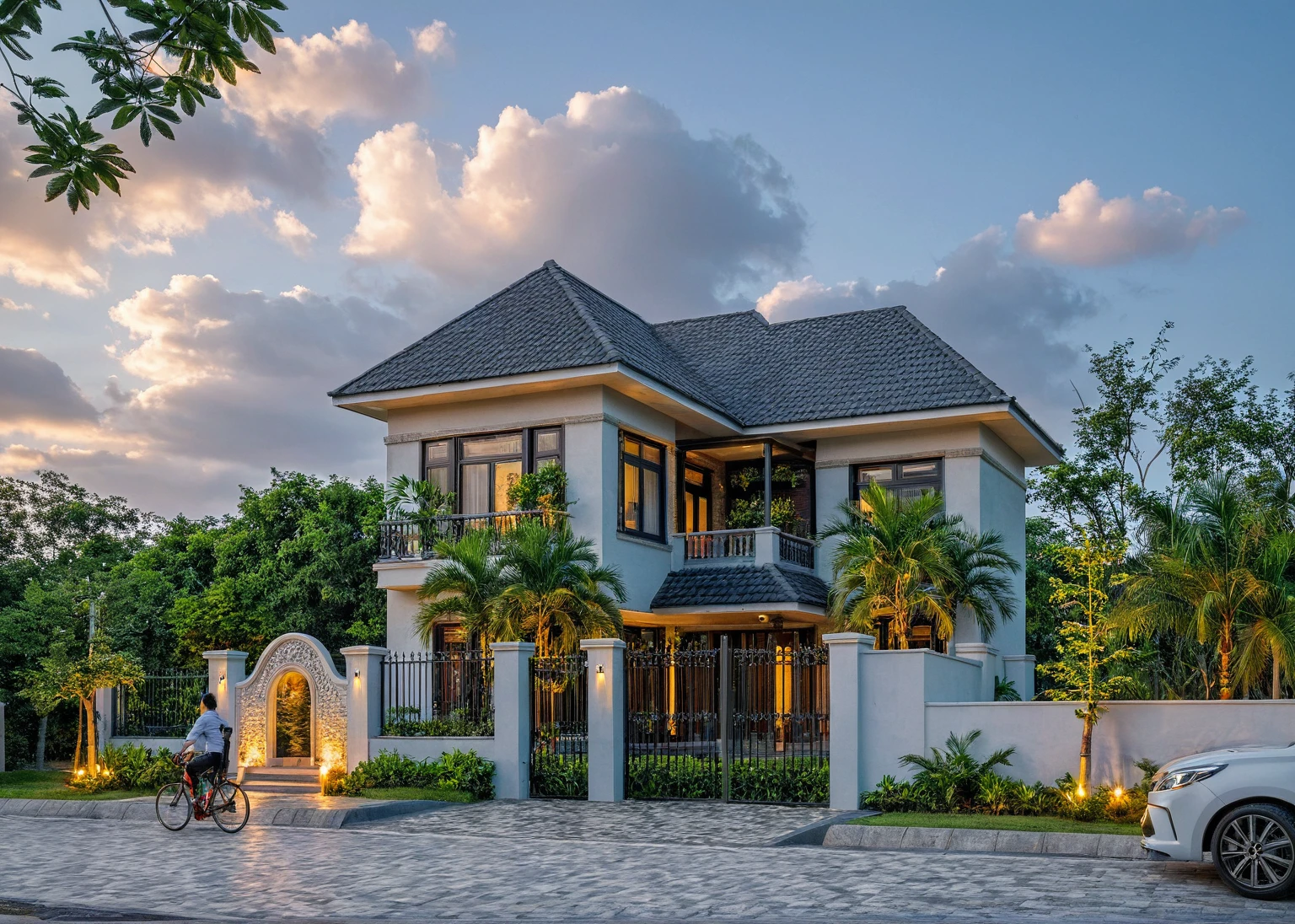 Masterpiece, high quality, best quality, authentic, super detail, outdoors, aiaigroup, house style modern , white wall , pavement, grass, trees, dusk sky, cloud, (daylight:1.1), mái ngói màu xám, 
