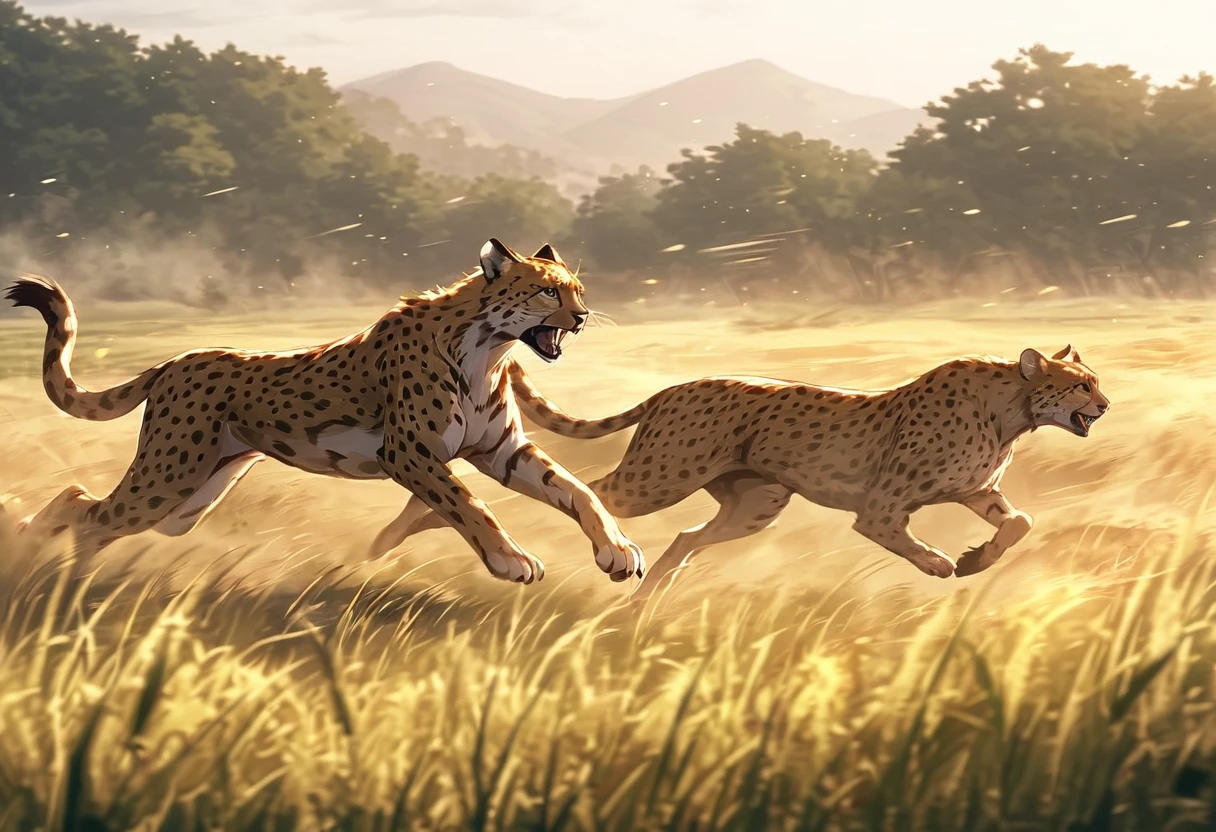 (Cheetah), grassland, Run, speed, grace, wild, fast, nature, Predator, Brilliant, Chasing prey, muscle, Powerful, 太陽の光
広大なgrasslandを背景に、Cheetahが全速力で走っている姿を捕らえた画像。Cheetahのmuscleの動きとその速さを強調し、natureの光がCheetahを照らしている。