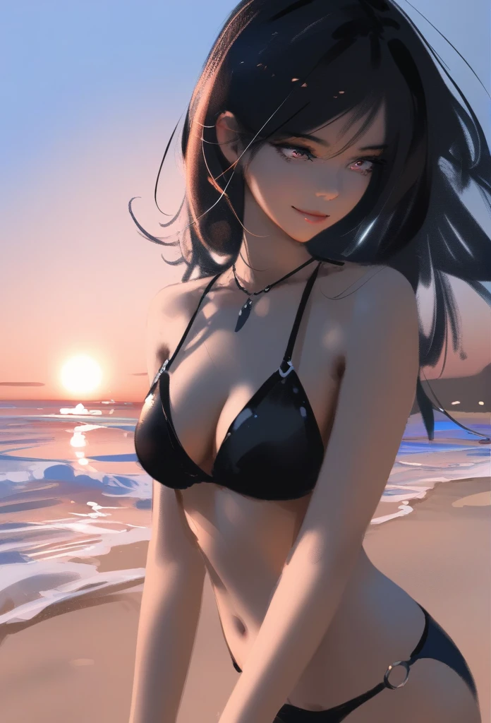 1girl, solo, wlop,
Black hair, gradient eyes, black bikini, seductive smile,
beach, sunset,
masterpiece, best quality,