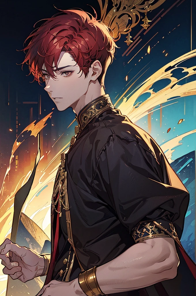 A man, adult, ((male)), short hair, high, Red hair, tanned skin, gold eyes, Perfect face, beautiful clothes, Old clothes, detailed, dynamic lighting, (Best Quality), (Masterpiece), (reference sheet:1.5)