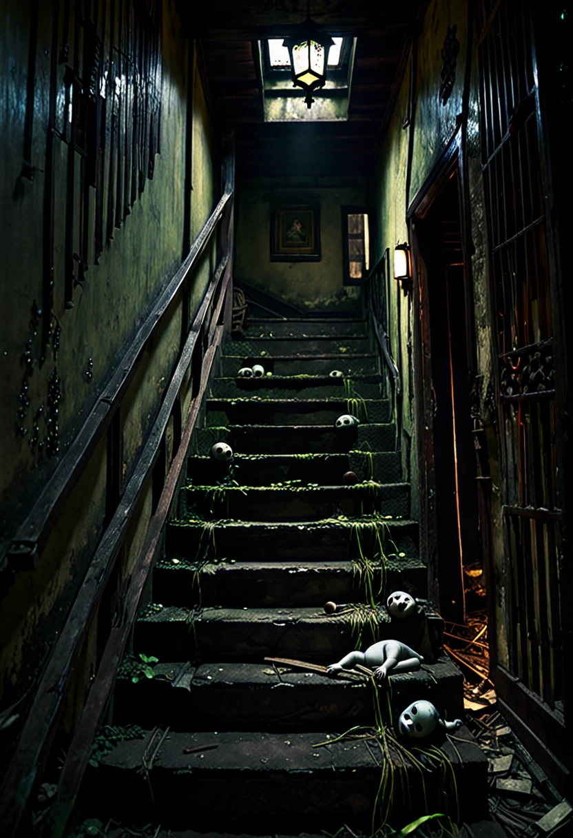 A hauntingly beautiful image of an old, abandoned Asian house with a dimly lit, narrow staircase. The staircase leads to darkness, with only a single broken fluorescent warm light lamp, dimly light. At the base of the stairs lies a broken, dirty doll, seemingly abandoned and forgotten. The atmosphere is eerie and unsettling, with an air of dark fantasy and an overall luminal style. The cinematic quality of the photo adds to the haunting ambiance, as if it's a scene from a horror film., cinematic, dark fantasy, photo