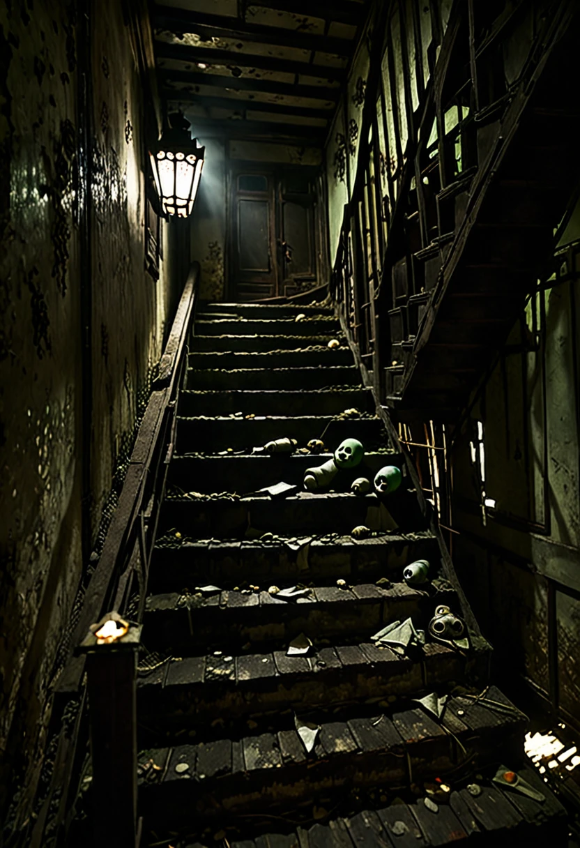 A hauntingly beautiful image of an old, abandoned Asian house with a dimly lit, narrow staircase. The staircase leads to darkness, with only a single broken fluorescent warm light lamp, dimly light. At the base of the stairs lies a broken, dirty doll, seemingly abandoned and forgotten. The atmosphere is eerie and unsettling, with an air of dark fantasy and an overall luminal style. The cinematic quality of the photo adds to the haunting ambiance, as if it's a scene from a horror film., cinematic, dark fantasy, photo