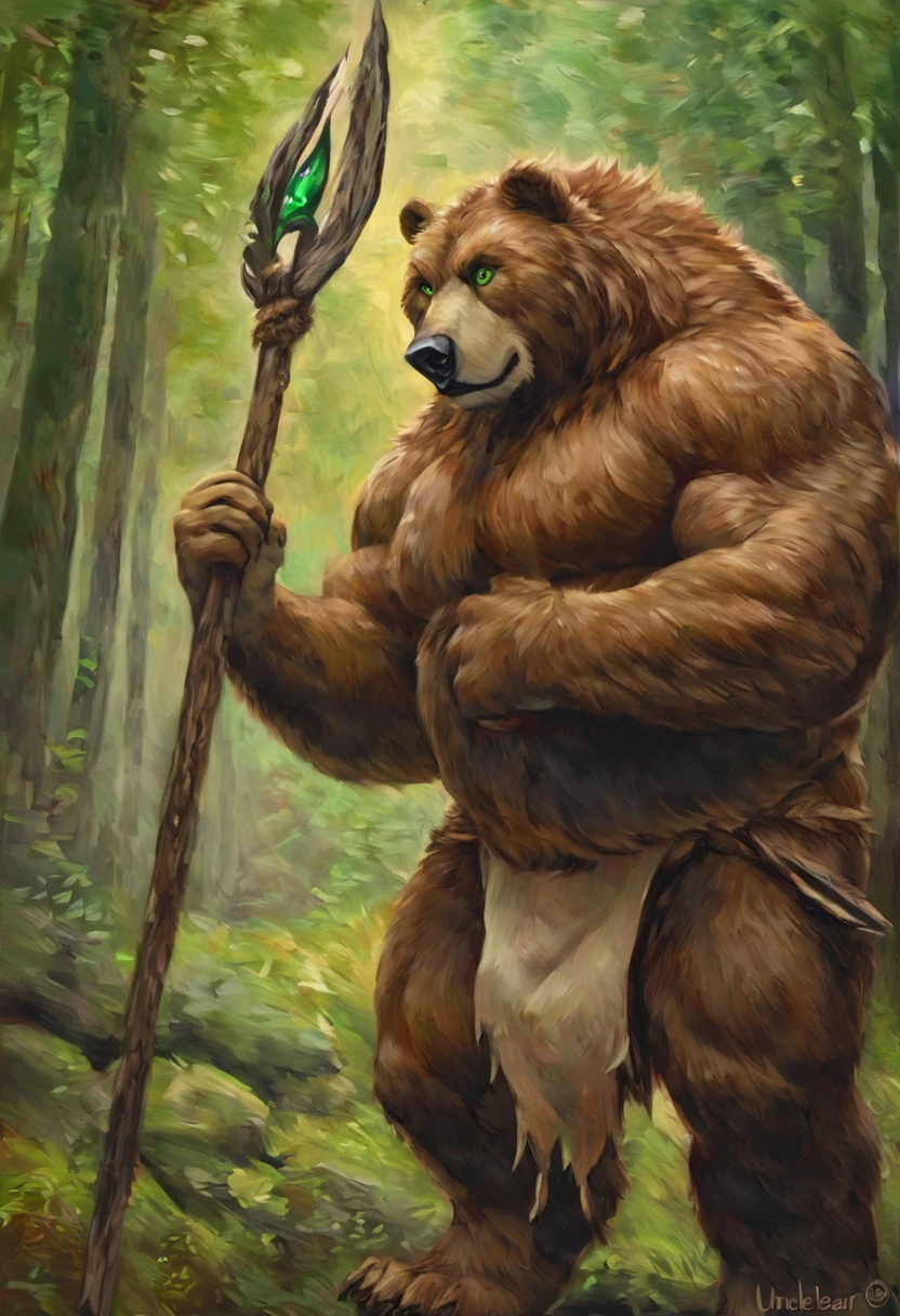 Solitary，黑Bear，personification，Humanoid，Beast field（Bear），strong，uncle，，Loincloth，Friendly，warrior，Green eyes，Standing guard，Standing in front of the audience，Looking at the audience，Holding a spear，forest（1.2），Oil painting style。