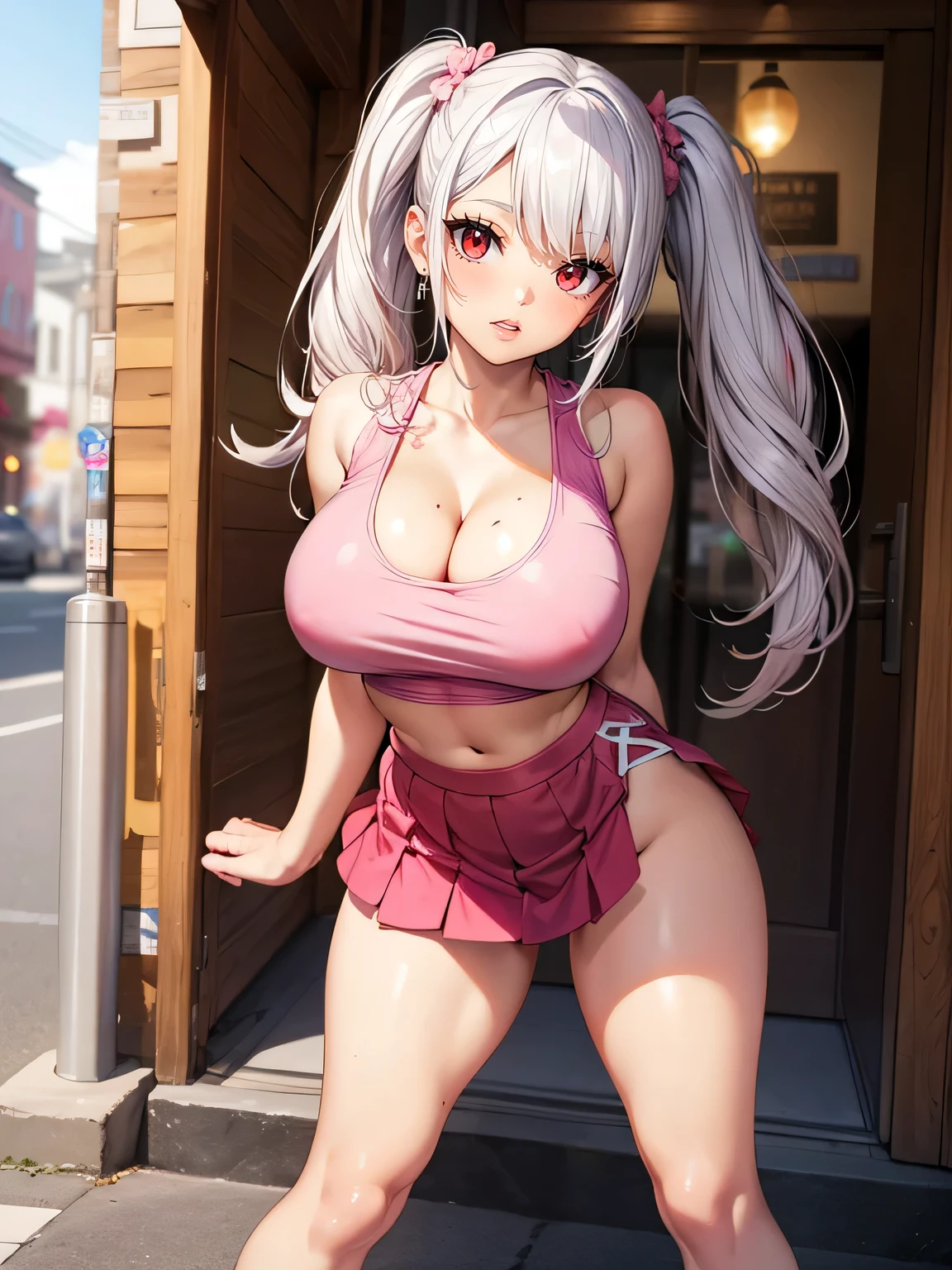 (1girl), red eyes, , mole onder eye,((white hair)), pigtails, long hair,, x ornament, big lips, pretty lips, ((gyaru)), gyaru hairstyle,good hips and long legs, hourglass shape, pretty face with arms and legs, 2 4 yeare model, sporty, photo of slim girl model, sexy, evil smilesfw, seductive, masterpiece, extremery magnificent view, perspective, extremery best quality, extremery detailed CG, 8k wallpaper, ultra high resolution, highly detailed face, highly detailed eyes, perfect anatomy, super detailed skin, not safe for work,
outdoors, downtown, (beautiful face, beautiful eyes, beautiful legs:1.3),
large breast, (pink cropt), cleavage, bare shoulder, wide hips, thin waist, navel, skirt, masterpiece