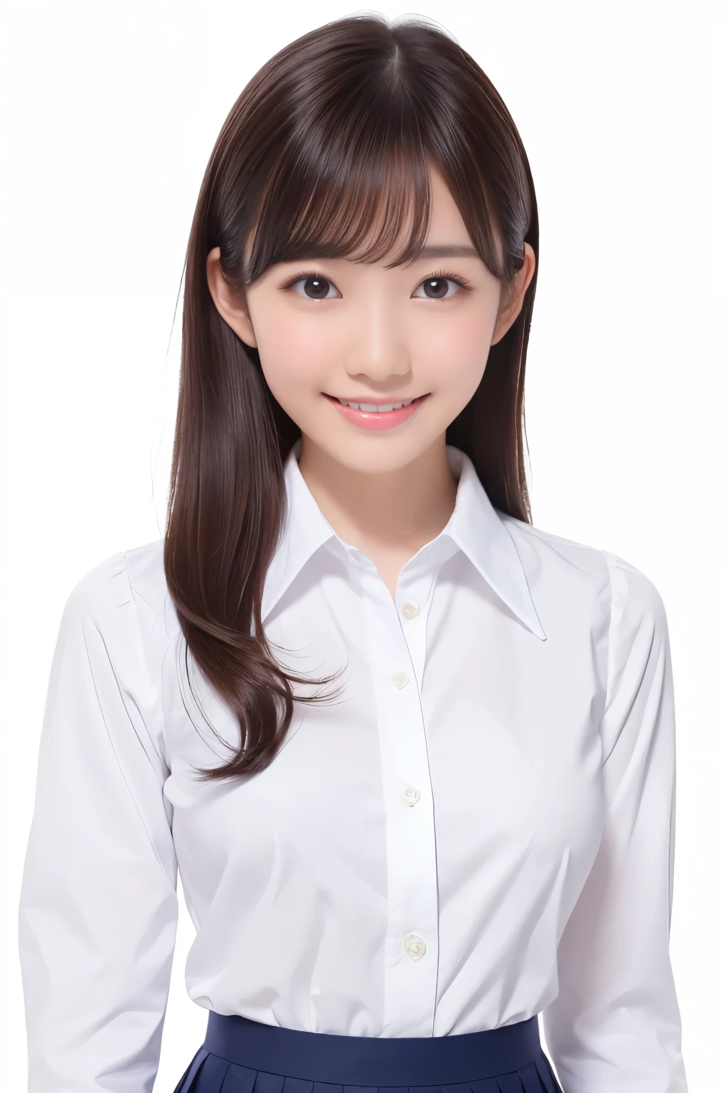 (Highest quality、Tabletop、8K、Best image quality、Award-winning works)、Beautiful ****** girl、(White polyester collared shirt:1.2)、(Navy Pleated Skirt:1.2)、Female portrait photography、Glowing Skin、Brown Hair、Standing Elegantly、(The simplest pure white background:1.2)、(Large Breasts:1.2)、(Accentuate your body lines:1.1)、(Face close-up:1.1)