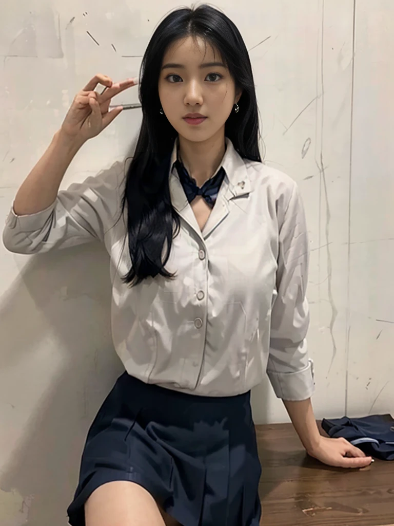 A hinata uzumaki walking in the school, school, a white wall, a grey table, sexy poses,
(((masterpiece))), ((best quality)), ((intricate detailed)), ((Hyperrealistic)), absurd res, milf, mature woman, perspective, highly detailed, illustration, 1girl, ((large breasts)), perfect hands, detailed fingers, beautiful detailed eyes, long hair, brown eyes, nametag, CEO, (Korea school outfit:1.2), school blazer, school shirt, skirt, long school necktie, earrings, detailed background, bedroom, perfect eyes, seductive eyes, looking at the viewer, from front