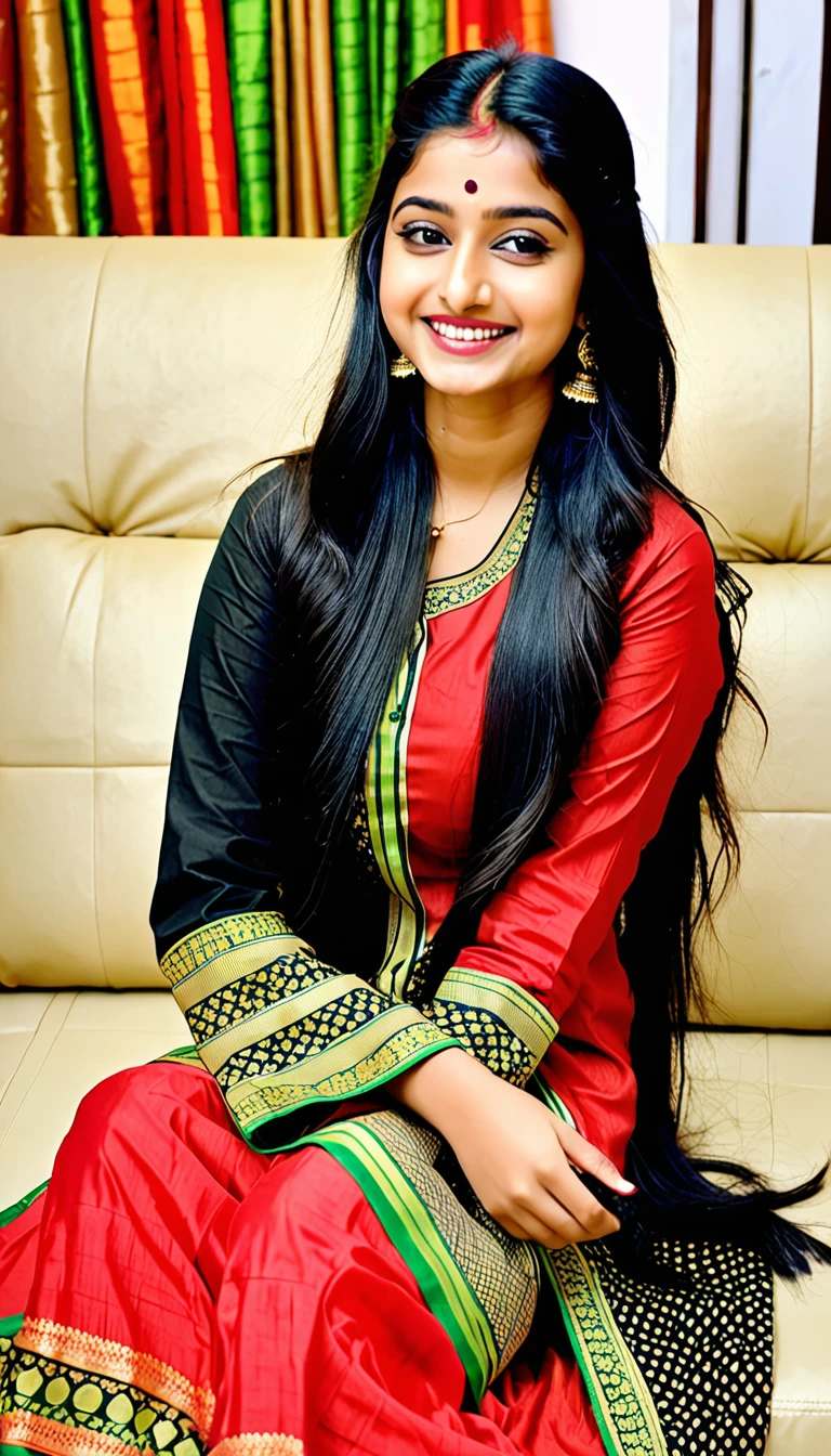 Beautiful cute young attractive indian teenage girl, anuska sen, 22 years old, cute, Instagram model, long black_hair, colorful hair, warm, dacing, shy smile, black red salwar kameez, in home sit at sofa, Indian.