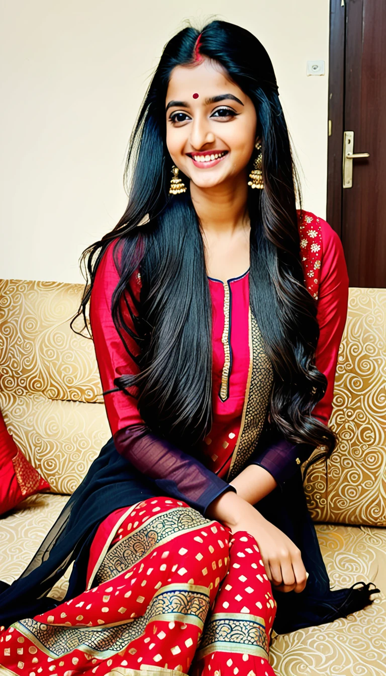 Beautiful cute young attractive indian age girl, anuska sen, 22 years old, cute, Instagram model, long black_hair, colorful hair, warm, dacing, shy smile, black red salwar kameez, in home sit at sofa, Indian.