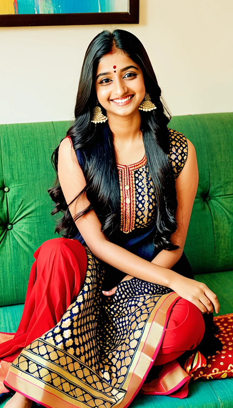 Beautiful cute young attractive indian teenage girl, anuska sen, 22 years old, cute, Instagram model, long black_hair, colorful hair, warm, dacing, shy smile, black red salwar kameez, in home sit at sofa, Indian.
