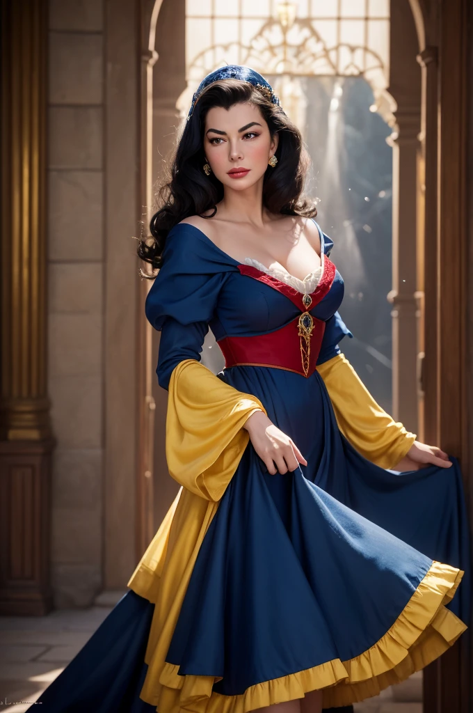 Ava Gardner, 29-years-old, as the Disney Character Snow White, pele alva, facial expression of tenderness, blackquality hair, long hair, Look to the camera, classic dressed, long robe,, blue and red dress, yellow skirt, corselet azul, flare sleeves, long sleeves, medieval palace, rays of sunlight, raw work painting.