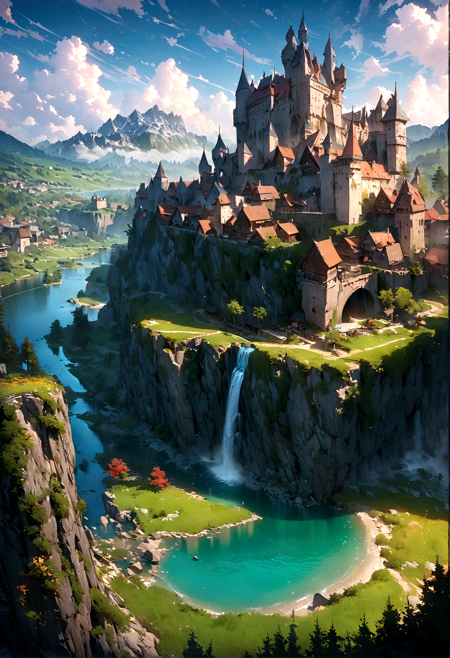 masterpiece, best quality, high quality, Extremely detailed CG unit 8k wallpaper, landscape, outdoor, sky空, cloud, sky, Great medieval castle, Mountain, landscape, water, Tree, blue sky空, waterfall, cliff, nature, lake, river, village, 秋sky, cloudy sky空, multicolored flowers, Award-winning photography, Bokeh, Depth of Field, bloom, Chromatic Aberration, Reality, Extremely detailed, Trending on Artstation, Trending on CGsociety, complicated, High Detail, dramatic, midjourney's Artwork