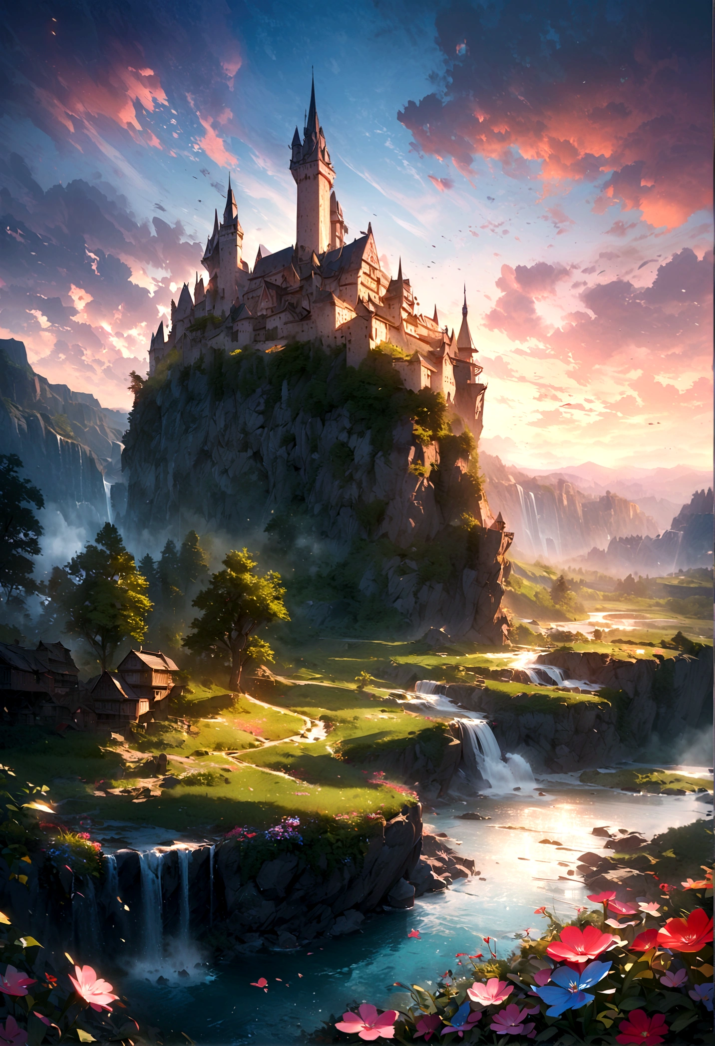 masterpiece, best quality, high quality, Extremely detailed CG unit 8k wallpaper, landscape, outdoor, sky空, cloud, sky, Great medieval castle, Mountain, landscape, water, Tree, blue sky空, waterfall, cliff, nature, lake, river, village, 秋sky, cloudy sky空, multicolored flowers, Award-winning photography, Bokeh, Depth of Field, bloom, Chromatic Aberration, Reality, Extremely detailed, Trending on Artstation, Trending on CGsociety, complicated, High Detail, dramatic, midjourney's Artwork