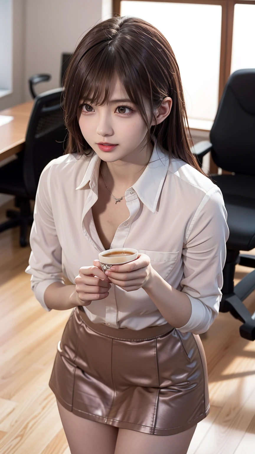 8K quality、High resolution、High resolutionの瞳、woman、Office Lady、mini skirt、リアルなwoman性器、Small breasts、slender、Reproduction to the smallest detail、Sweat accumulates in the chest、Serving tea in the conference room、Natural breast flashing