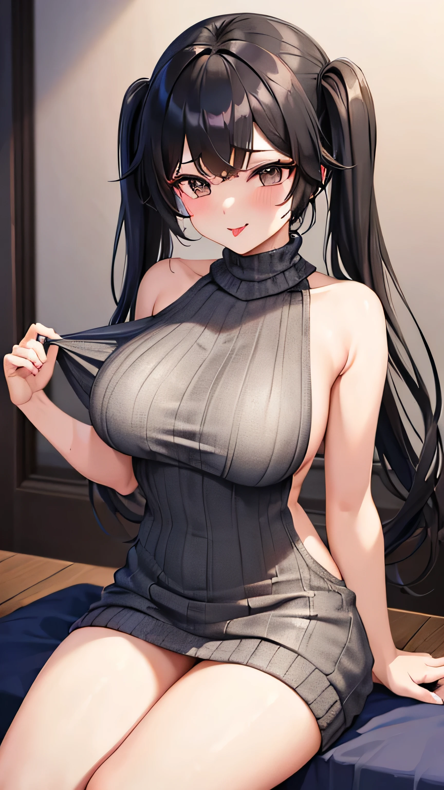 ((Masterpiece, high quality)), 1girl, black hair, twintails hair style, black eyes, big breasts, thick thighs, virgin killer sweater, collarbone, at apartment room, night time, sticking out tongue, seductive face, naughty look, wet body, sweating