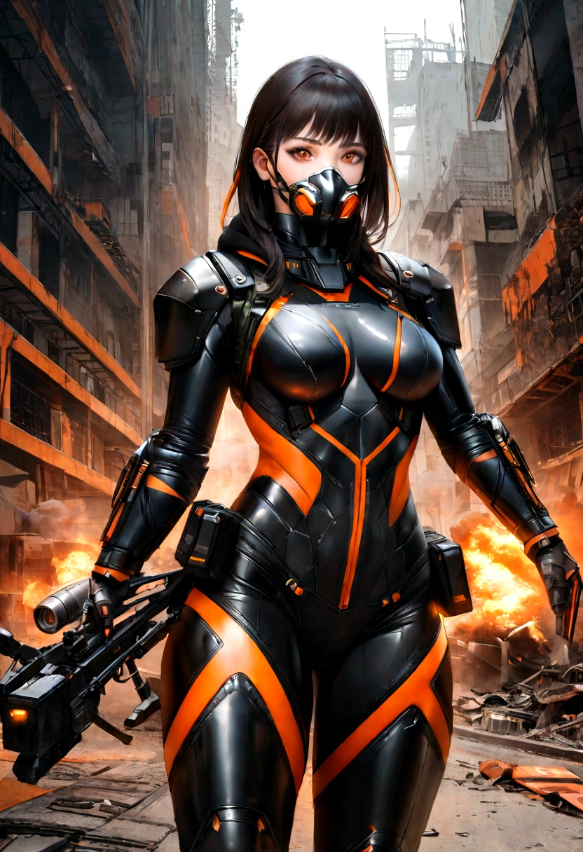 Hyper-realistic Athletic and toned female with shoulder-length black hair with orange streaks and brown eyes. She is an explosives expert, skilled in demolition, engineering, gadget creation, and hand-to-hand combat, The Costume consists of a black armored suit with reinforced plating and orange lines running along the seams, a full-face mask with a digital display in black with glowing orange accents, a black hood with an orange interior and tactical enhancements, and weapons including small explosive devices and a high-tech crossbow in black and orange, Geographic Data in Detailed Hyper-Realism Photoshoot Style