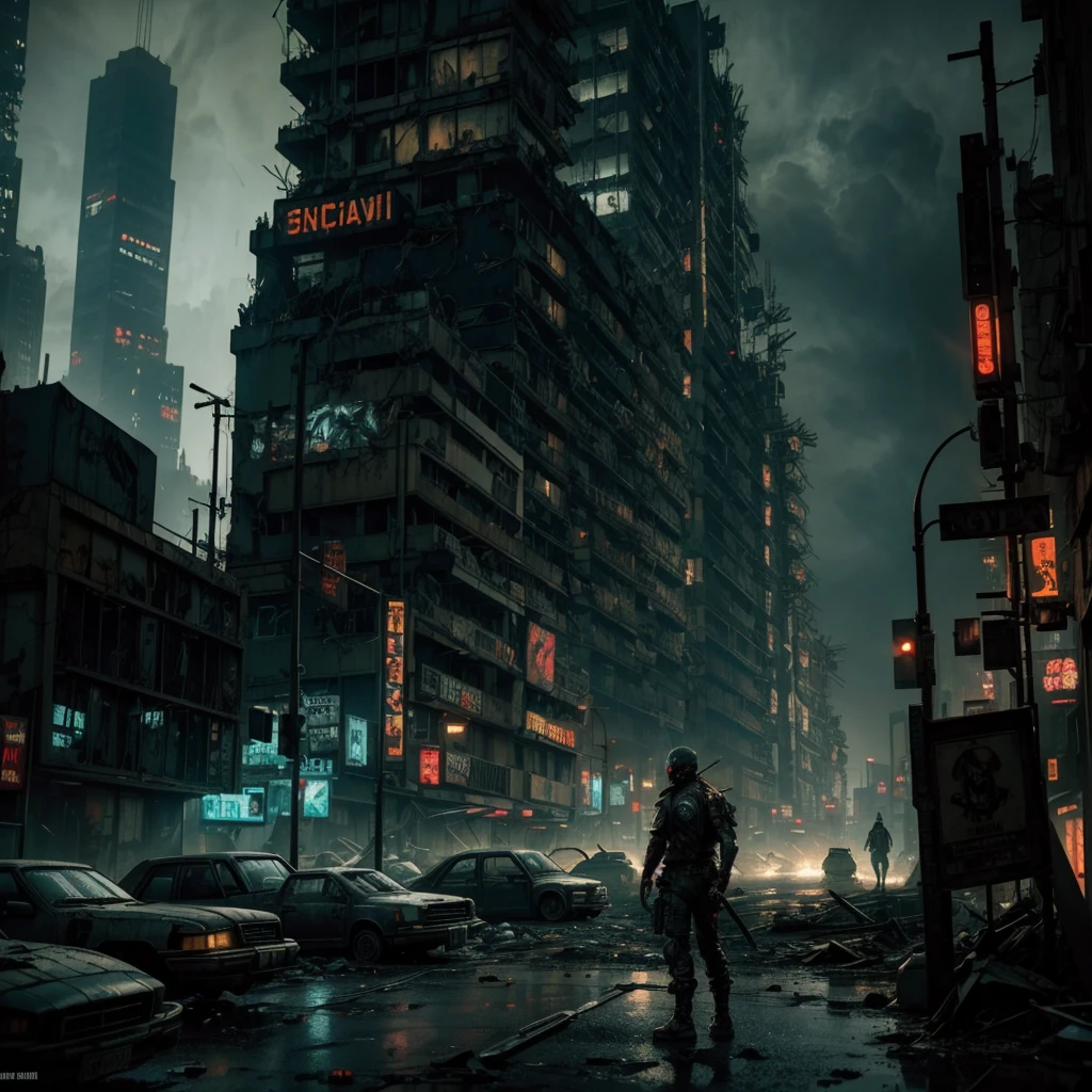 a mutant being, post-apocalyptic city, nuclear explosion, radiation, mutant animals, skulls, detailed cyberpunk environment, gritty dystopian cityscape, decaying urban landscape, dark moody lighting, shattered buildings, abandoned cars, rubble, neon signs, overcast sky, eerie atmosphere, photorealistic, highly detailed, cinematic, award-winning concept art