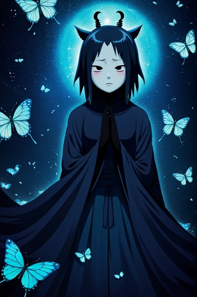 Kaonashi from spirited away ghibli movie, background dark blue with shining butterflies (just glowing butterflies, no details). anime HD
